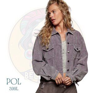 399L POL Dusty Lavender Distressed Hem Corduroy Trucker Jacket